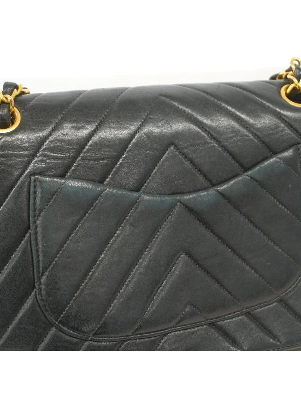 Chanel Shoulder Bag V-stitch Lambskin Black Gold